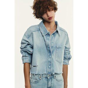 ZARA TRF RIPPED CROP DENIM OVERSHIRT